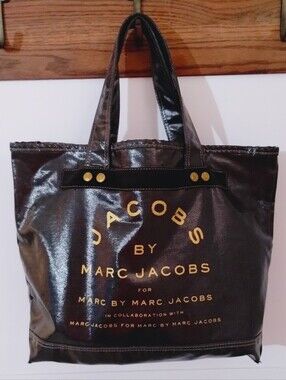 Marc Jacobs Midnight Black Denim Coated Tote with Large Signature Monogram.